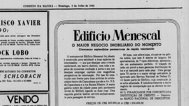 Classificado anuncia Edifício Menescal e diz que ele tem 'uma garage para 70 carros e o maior abrigo anti-aéreo já aprovado pelo Serviço Nacional de Defesa Civil'