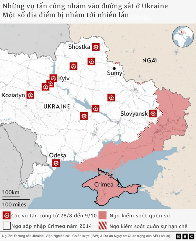 Bản đồ thể hiện các điểm Nga tiến hành không kích vào đường sắt Ukraine trong những tháng gần đây