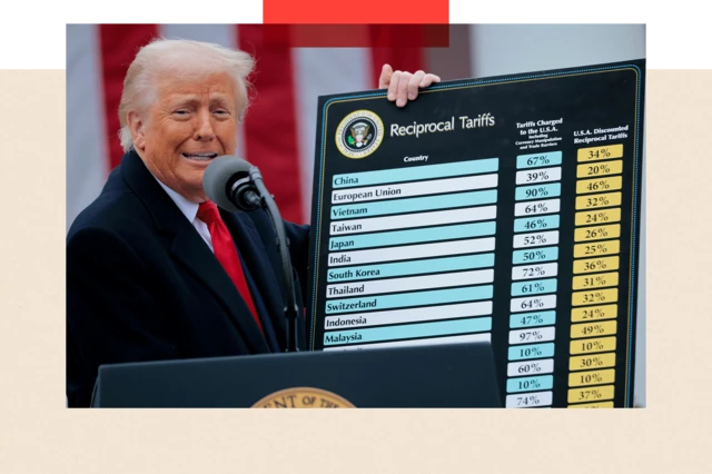 Le président américain Donald Trump brandit un tableau des « droits de douane réciproques » lors d'un discours prononcé à l'occasion d'un événement commercial intitulé « Make America Wealthy Again » (Rendre l'Amérique à nouveau riche).