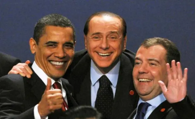 Former US President Barack Obama laugh wit Silvio Berlusconi and former Russian President Dmitry Medvedev for G20 summit for 2009