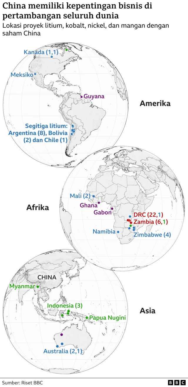 Peta dunia menunjukkan proyek mineral China