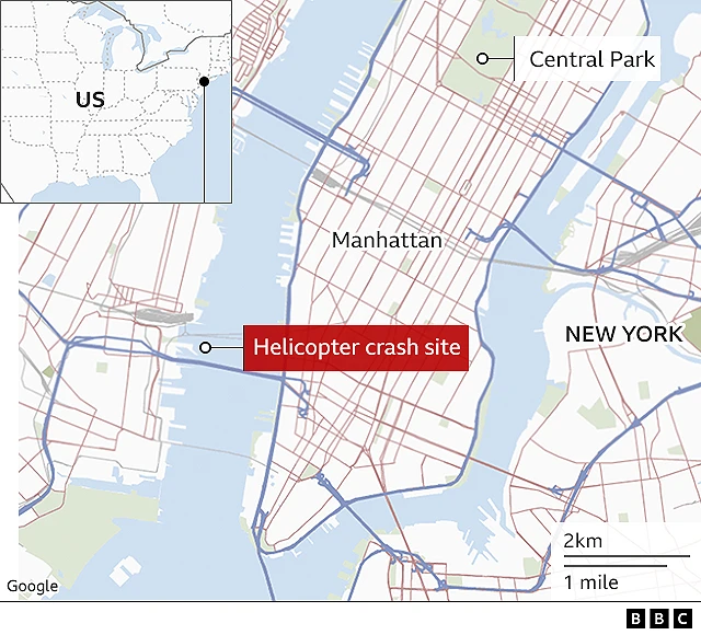 Map of Hudson River showing di helicopter crash site 