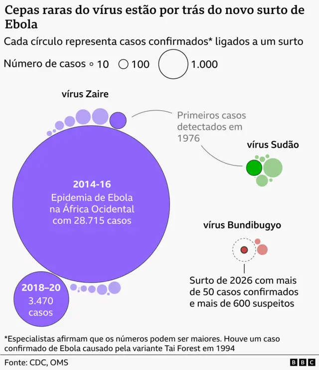 Gráfico de bolhas intitulado “Variantes Cepas raras do vírus estão por trás do novo surto de Ebola”, no qual o tamanho dos círculos representa o número de casos confirmados. Um grande círculo roxo mostra a epidemia de Ebola na África Ocidental entre 2014 e 2016, com 28.715 casos, muito acima dos demais surtos, ao lado de um círculo menor referente ao surto de 2018–2020, com 3.470 casos. Grupos menores representam surtos das variantes Zaire, Sudão e Bundibugyo. A variante Sudão aparece com círculos de tamanho intermediário, enquanto a Bundibugyo inclui um destaque para o surto de 2026, com mais de 50 casos confirmados e mais de 600 suspeitos. Uma observação informa que o vírus ebola foi identificado pela primeira vez em 1976 e que os números de casos podem estar subestimados. Fonte: CDC, OMS