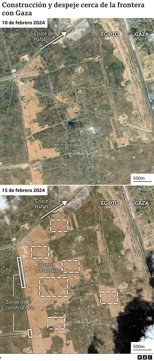 Dos fotos de la misma zona en la frontera entre Egipto y Gaza tomadas con cinco días de diferencia