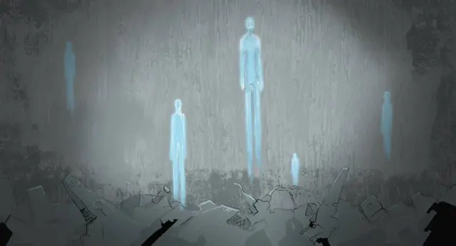 Погибшие военные (символический рисунок). Вытянутые голубые фигуры на сером фоне. Иллюстрация Би-би-си