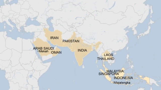 Peta perjalanan Ari Yami dari Majalengka menuju Mekkah. Ia sudah melewati Indonesia, Malaysia, Singapura dan Thailand. Negara-negara berwarna cokelat merupakan tujuan berikutnya.