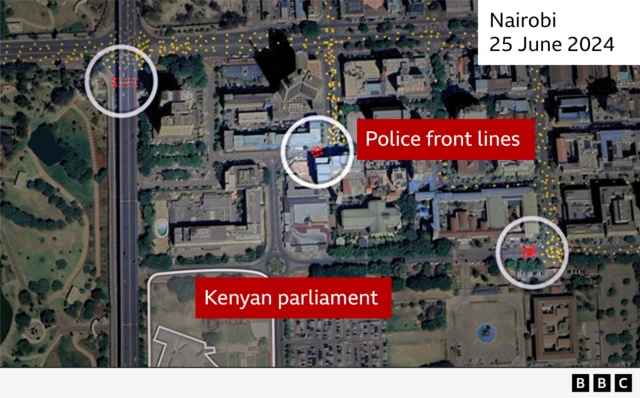 Map showing Kenya parliament and three circled areas regarded as di police front lines