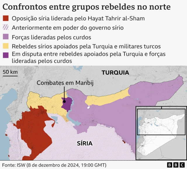 Mapa do norte da Síria mostrando confrontosjogo do cassinogrupos rebeldes