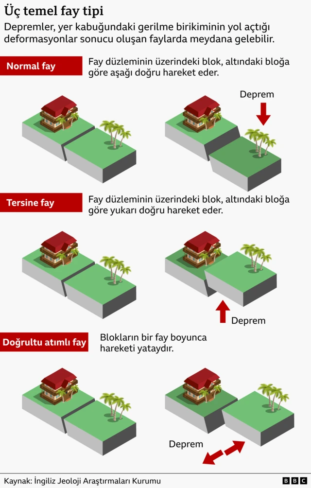 Bir BBC grafiği, farklı fay türleri boyunca tektonik plakaların hareketini karşılaştırıyor.