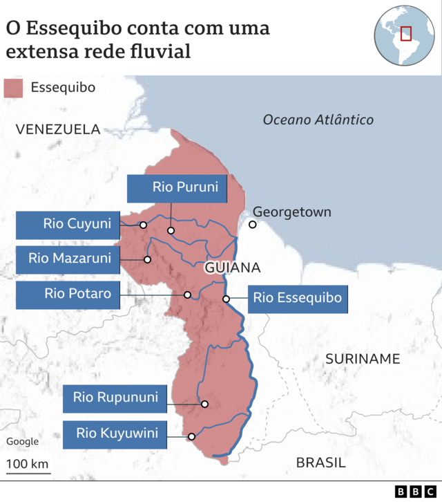 Mapa com rios do Essequibo