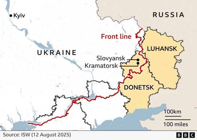 Map highlighting the Donbas area in yellow. The Donetsk towns of Slovyansk and Kramatorsk are labelled inside the area on the Ukrainian side of the front line, which is marked in red. Source: ISW, dated 12 August 2025.