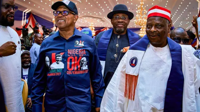 Foto Peter Obi, Seriake Dickson na Kwankwaso na nnukwu ọgbakọ NDC mere n'Abuja n'ụbọchị Satọde 9 Mee, 2026