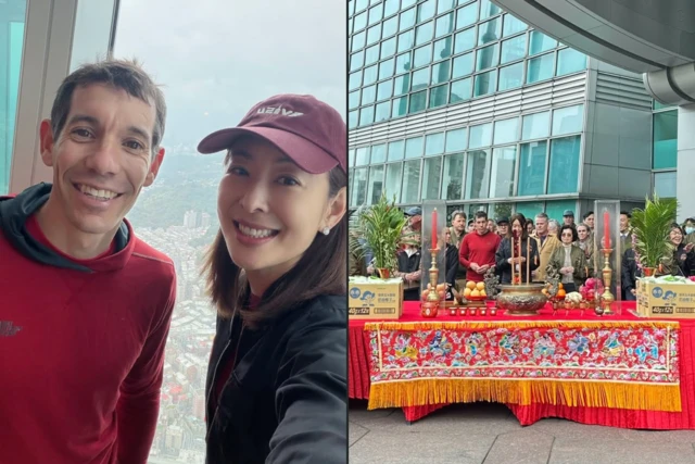 左图为台北101董事长贾永婕与霍诺德合照,右图是活动前夕众人进行拜拜仪式祈求平安