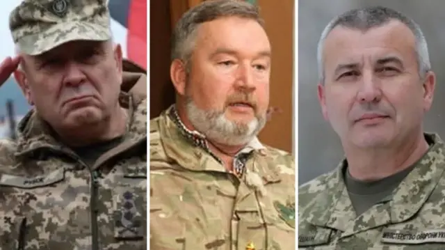 Колаж з портретів. Колишній командир 125-ї окремої бригади ТрО генерал Артур Горбенко, комбат 415 стрілецького батальйону 23-ї окремої механізованої бригади полковник Ілля Лапін, колишній командувач військ Територіальної оборони, ексочільник оперативного угруповання "Харків" генерал Юрій Галушкін.