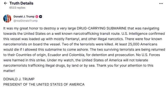 Post de Donald Trump en Truth Social sobre ataque a semisumergible en el Caribe.