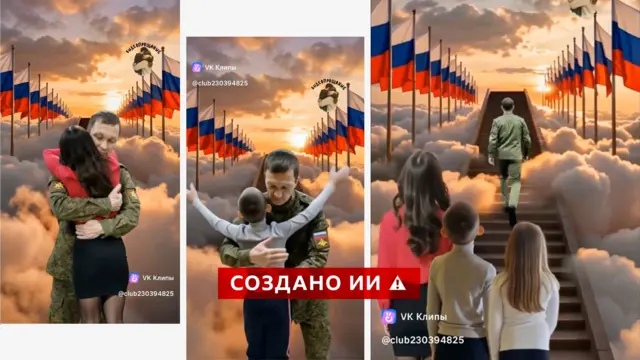 Коллаж из трех изображений. Слева военный обнимает женщину, позади него закатное небо и густые облака. На облаках установлены флагштоки с российским триколором. Изображение посредине: тот же мужчина на том же фоне обнимает мальчика. Изображение справа: мужчина идет по лестнице в облака, женщина и двое детей смотрят ему вслед. 