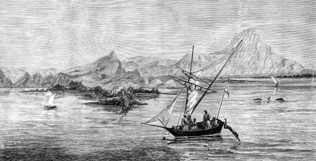 Lukisan sekelompok nelayan mencari ikan di perairan dekat Gunung Krakatau