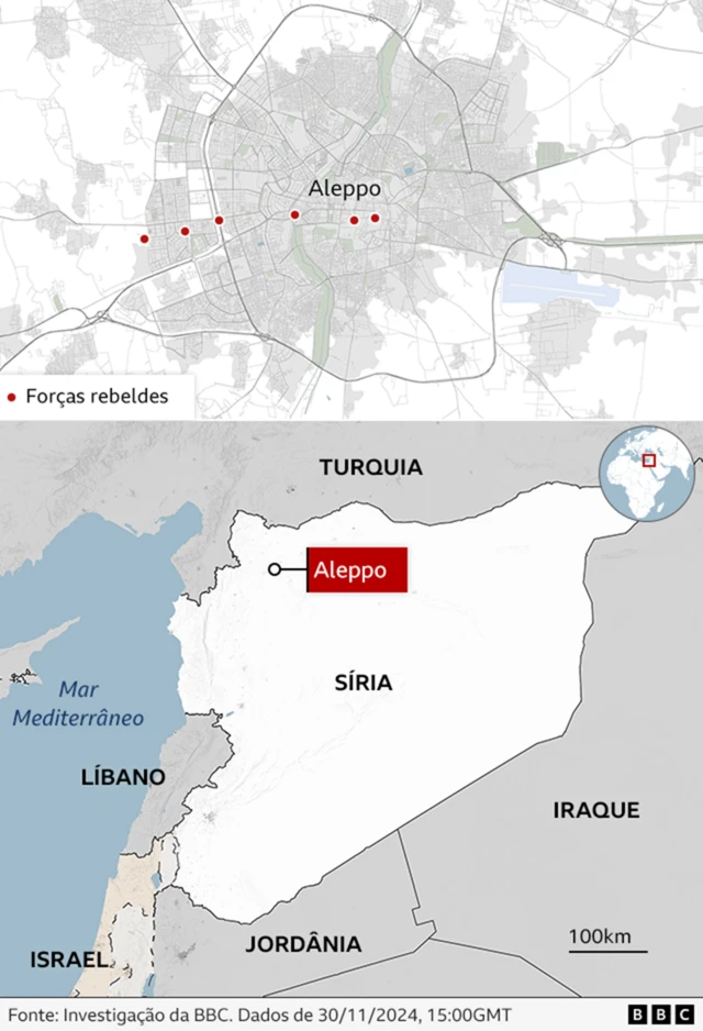 Mapa da Síria com a localização das forças rebeldes em Aleppo.