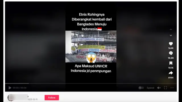 A TikTok video showed an overcrowded boat, falsely claiming that it was carrying Rohingya from Bangladesh to Indonesia.