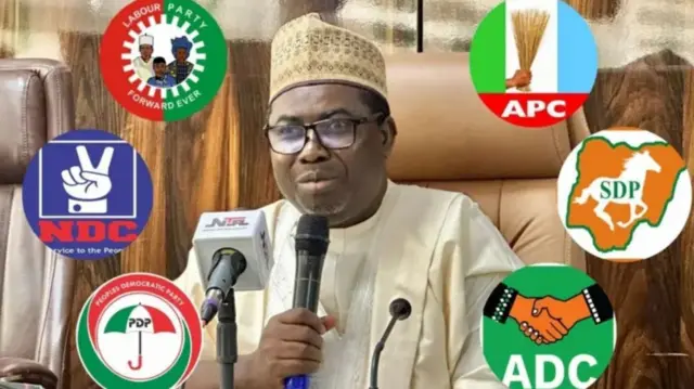 Inec chairmo and logos of political parties for Nigeria