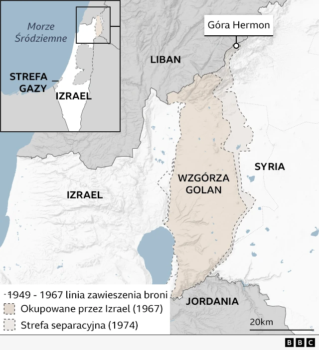 Mapa pokazuje okupowane przez Izrael Wzgórza Golan i strefę separacyjną zajętą niedawno przez siły izraelskie 