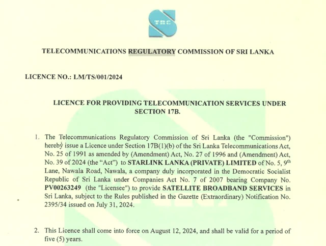 මෙරට සේවා ක්රියාත්මක කිරීමට ස්ටාර්ලින්ක් සමාගමට අවසර ලබාදෙමින් ශ්රී ලංකා විදුලි සංදේශන නියාමන කොමිෂන් සභාව විසින් නිකුත් කරන ලද බලපත්රය