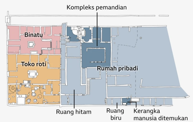 Denah lokasi penggalian menunjukkan lima ruangan yang membentuk kompleks pemandian mewah di Pompeii.