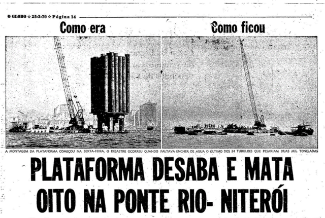 Reprodução de reportagem do jornal O Globo de 1970 sobre acidente na construção da ponte Rio-Niterói
