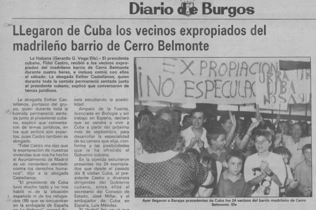 Fotografía de una página aparecida en el Diario de Burgos en la que se informaba sobre el regreso a España desde Cuba de los residentes de Cerro Belmonte.