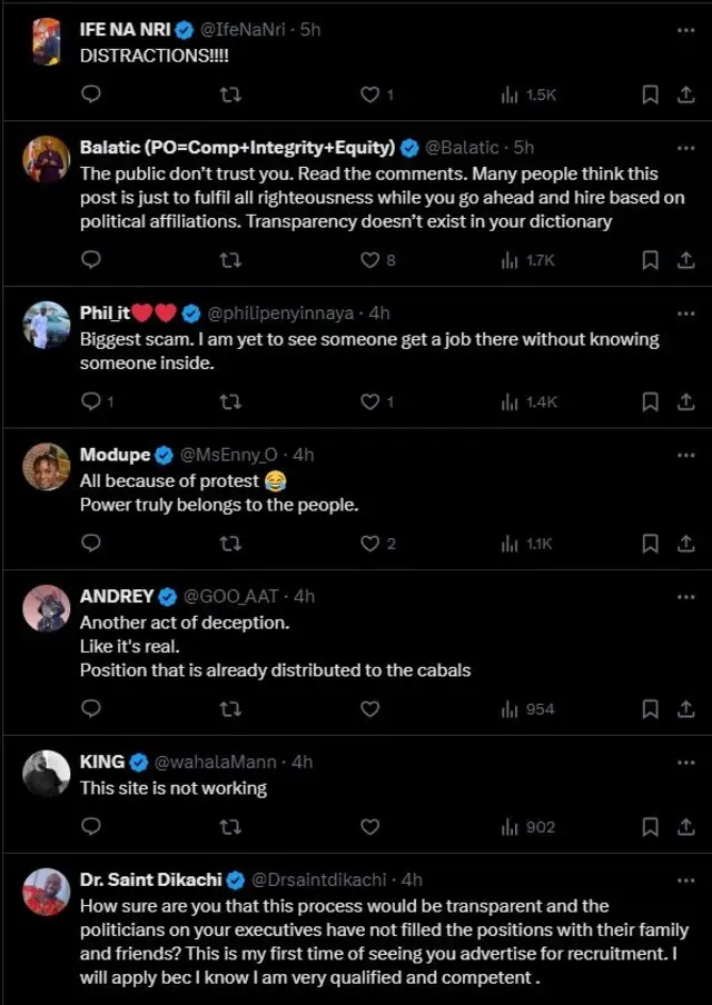 Screenshot of reactions to NNPC recruitment exercise