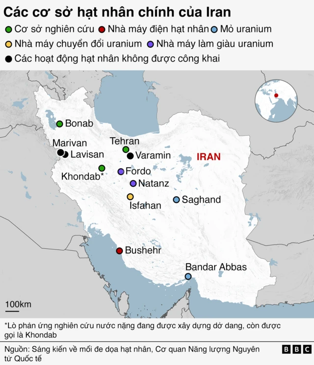 Đồ họa các cơ sở hạt nhân chính của Iran