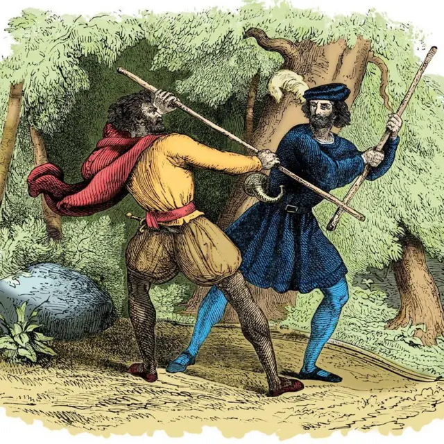 Robin Hood illüstrasyonu: biri sarı diğeri lacivert renkte ortaçağ giyimli 