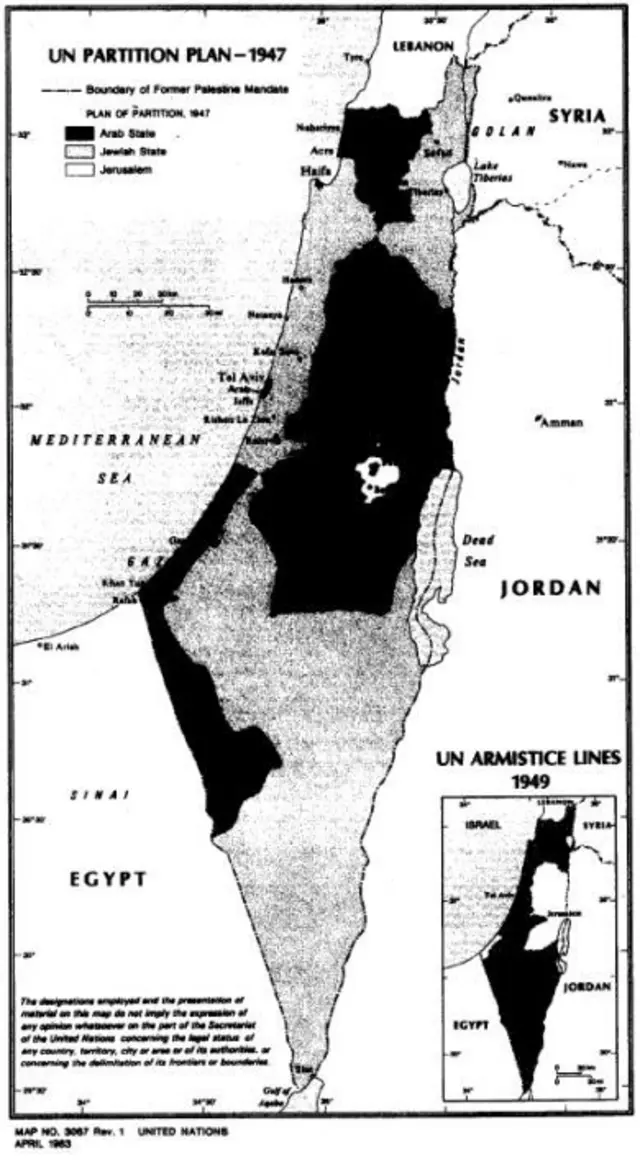 ১৯৪৭ সালে প্রাথমিকভাবে যেভাবে পরিকল্পনা করা হয়েছিল ইসরায়েল-ফিলিস্তিন রাষ্ট্রের। কালো অংশ ধরা হয়েছিল আরবদের জন্য। 