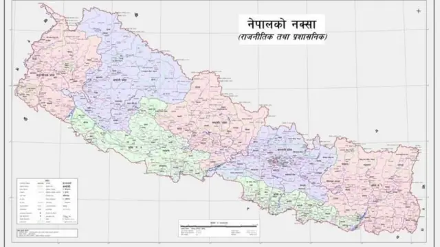 सन् २०२० मा नेपालले अद्यावधिक गरेको नक्सा। यो राजनीतिक तथा प्रशासनिक नक्सा नेपाल सरकारले जारी गरेको हो।