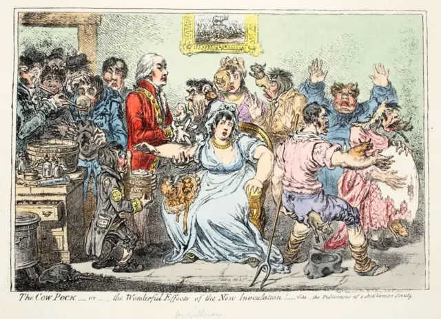 Ilustração do início do século 19 mostrando pessoas inoculadas contra a varíola se transformando em vacas, usada por grupos antivacina da época