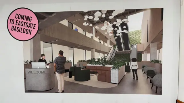 Una imagen creada con IA y diseño informático muestra una impresión de cómo será la recepción de un futuro centro de salud. Cuenta con varias plantas, abundante iluminación y una estética moderna.