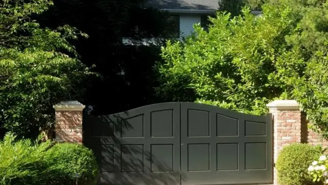 یک در قهوه‌ای رنگ بزرگ اطرافش پوشیده از دیوار و گیاهان