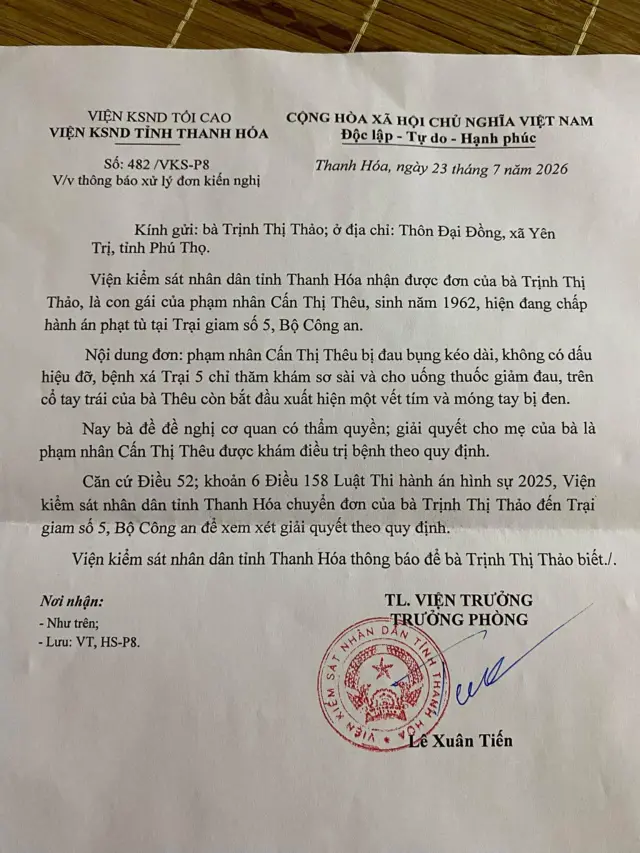 Thông báo của Viện KSND tỉnh Thanh Hóa gửi bà Trịnh Thị Thảo ngày 23/7/2026