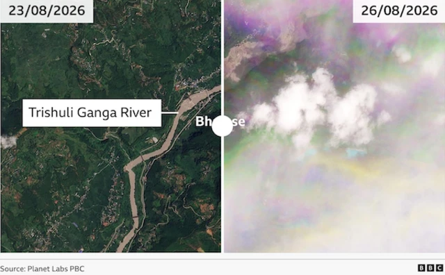 A slider showing before and after the flood along the Trishuli Ganga River