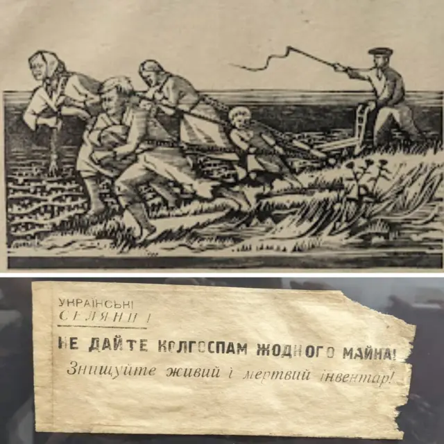 Tờ rơi của lực lượng OUN/UPA minh họa nông dân bị Xô-viết bị bóc lột trong hợp tác xã và kêu gọi họ không sung công tài sản riêng (Ảnh tác giả chụp tư liệu bảo tàng Kyiv).