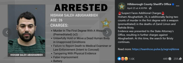 হিলসবরো কাউন্টি শেরিফের ফেসবুক পাতায় হিশামের বিরুদ্ধে যেসব অভিযোগ এনেছে 