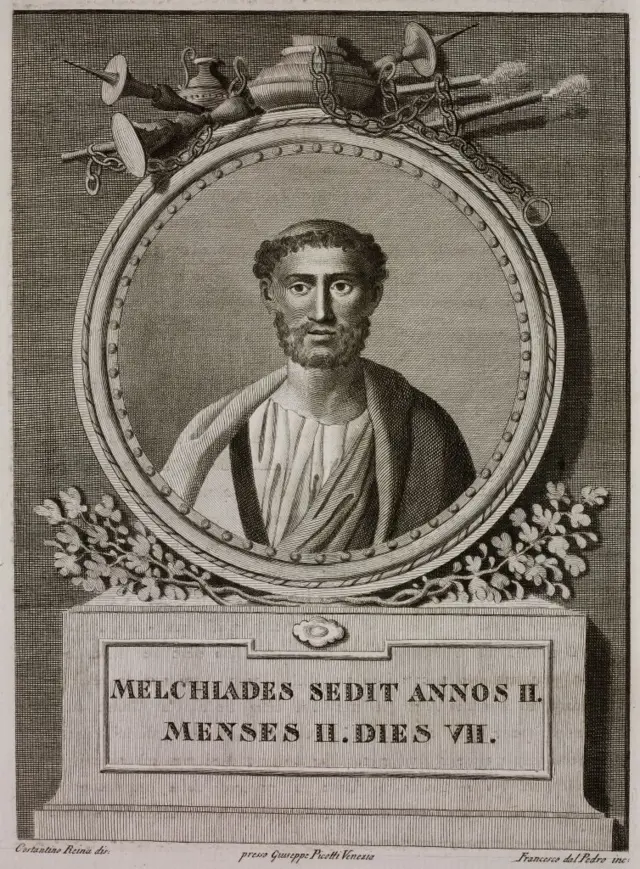 Desenho preto e branco do papa Melquíades