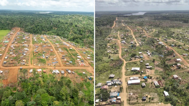 Mesma região registrada em 2021 e em setembro de 2025; foto mostra avanço de desmatamento