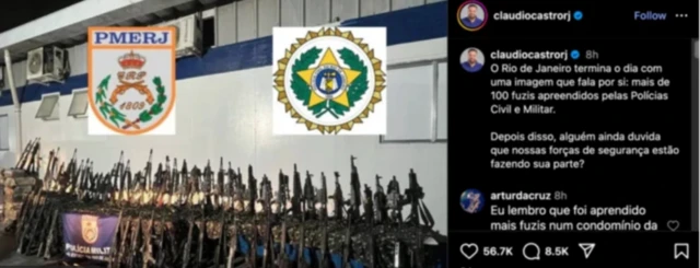 Governador do RJ comemorou apreensão de fuzis em operação; imagem mostra postagem no Instagram com os fuzis e bandeira da polícia