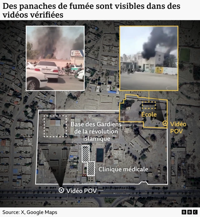 Une image satellite annotée montrant l'emplacement de l'école et de la base des Gardiens de la révolution, avec des captures d'écran de vidéos vérifiées montrant des panaches de fumée.