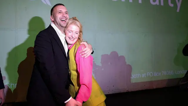 Кандидатка от Партии зеленых Ханна Спенсер и лидер партии Зак Полански стоят, обнявшись, на фоне логотипа своей партии и радостно улыбаются