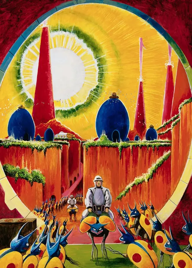 Une peinture qui rappelle la science-fiction du XXe siècle, avec des insectes en guise d'extraterrestres