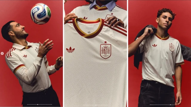Mikel Merino (left) and Fermin Lopez (right) wear 2026 Spain away shirt.