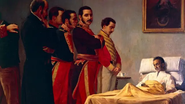 Cuadro de la muerte de Simón Bolívar del pintor venezolano Antonio Herrera Toro, en el cual se ve al Libertador acostado en una cama rodeado por un puñado de amigos.