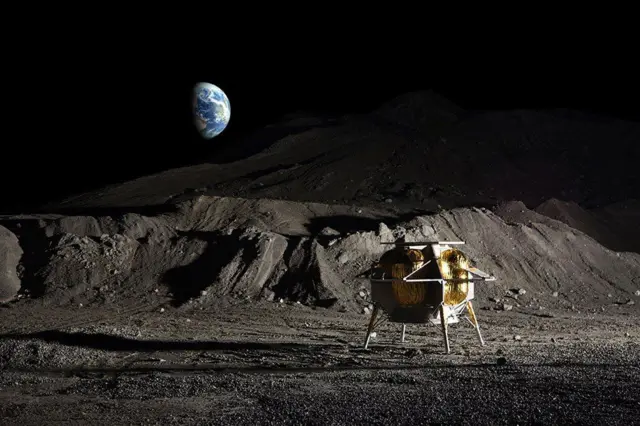 Una ilustración del módulo Peregrine posado en la Luna con la Tierra en el fondo